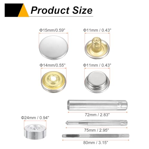 HARFINGTON 24Set Leather Snaps Fasteners Kit 15mm Dia Brass Press-Stud Cap Button 2.95" Length Metal Snap Buttons with 4 Install Tools for Coat Bag Leather Marine Boat Canvas, Silver - color: Silver, size: 15mm