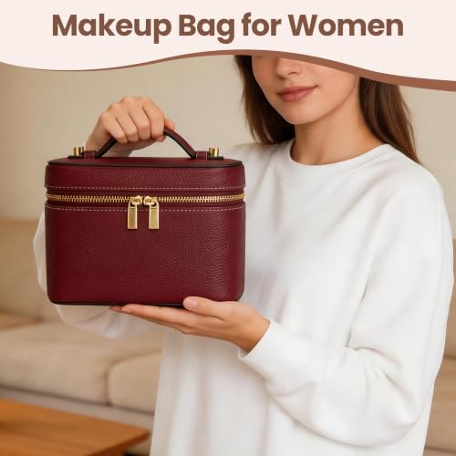 PU Leather Travel Makeup Bag Hard Cosmetic Organizer Vanity Case for Women - color: Burgundy