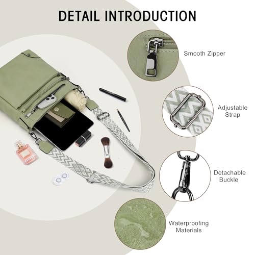 TANTOMI Crossbody Bag for Women PU Leather Travel Purse | Trendy Women's Shoulder Handbags, Comfort Adjustable Wide Strap, Water-Resistant, Multi Pockets for Daily Use & Travel - color: Light Green