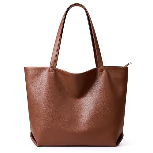 WLLWOO Soft Vegan Leather Tote Bag for Women Large Hobo Zipper Purse | Casual Shoulder Handbags Carryall for Work Daily Weekender Travel Commute - color: Brown