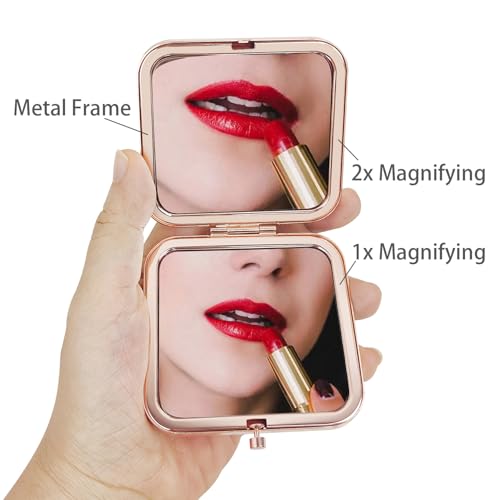 Small Compact Mirror, Rosegold Square 2.8”×2.8” Metal Frame Smooth Style Double Sided Mini Magnifying 1X/2X Mirror for Purse Can be Used as Gifts for Woman (RGCn02) - color: Rgcommon02