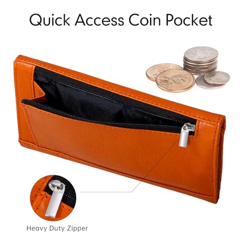 RFID Slim Wallet for Women Thin Card Holder Travel Trifold Clutch Ladies Long Billfold, 2 ID Windows, Orange - color: Orange