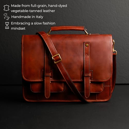 Time Resistance Leather Briefcase – Italian Handmade Leather Laptop Bag – Briefcase Convertible into Backpack - color: Cognac Brown
