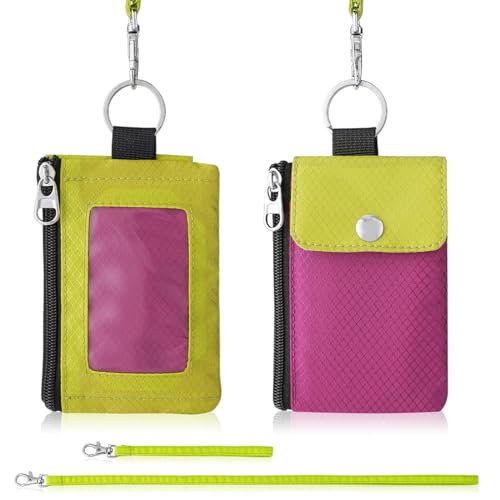 Artpaxy Minimalist Wallet For Mens Womens, Keychain RFID Blocking Zipper Small Wallet with ID Window 2 Lanyards,Water Resistant Travel Cash Card Coin Case Boys Girls - color: Pink+Light yellow