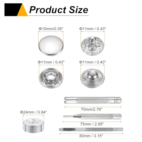HARFINGTON 24Set Leather Snaps Fasteners Kit 10mm Dia Brass Press-Stud Cap Button 2.72" Length Metal Snap Buttons with 4 Install Tools for Coat Bag Leather Marine Boat Canvas, Silver - color: Silver