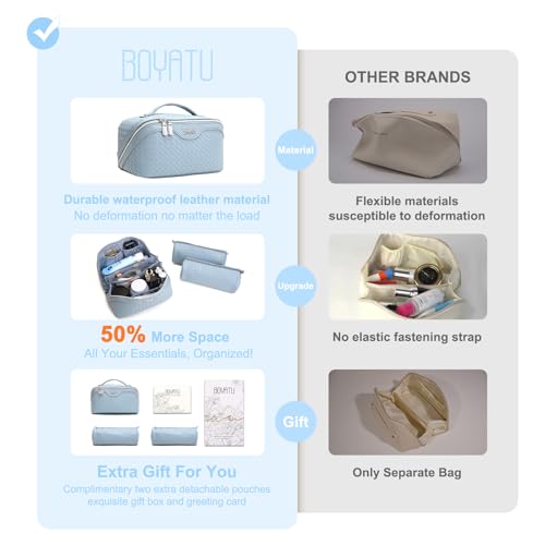 BOYATU Travel Makeup Bag Cosmetic Bags for Women: 3 Pcs Set Make up Bag | Large Capacity Waterproof Vegan Leather Organizer Bags with Compartments - Lay flat Toiletry with Handle (L04 Light Blue) - color: L04 Light Blue