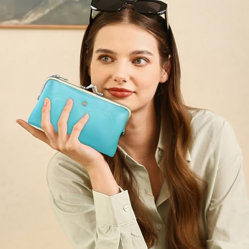 CONTACTS Full Grain Goat Leather Kiss Lock Wallet for Women Vintage Clutch Wallet with Rfid Blocking Zipper Coin Purse (Blue) - color: Blue