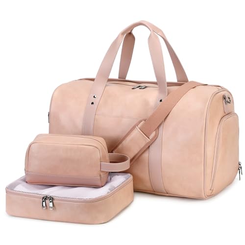 3PCS Faux Leather Weekender Bag for Women Men Travel Bag Overnight Bags | Leather Travel Duffel Bags for Traveling with Shoe Compartment Toiletry Packing Cube Carry On Tote Bag Men Fit 21.5" Laptop - color: Pink