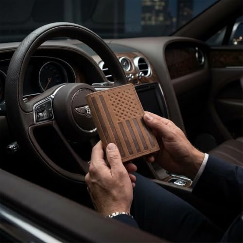 ASAD Leather Slim Everyday Trifold Wallet with ID Window and Multiple Card Slots | Genuine Leather Double Stitched RFID Blocking Stylish | Gift for Him | Brown Crazy Horse American Flag Design - color: Brown Crazy Horse American Flag Design
