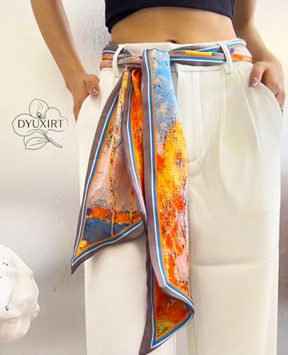 Head Scarf Purse Handle Neck Satin Hair Scarfs For Bag Lightweight Silky Long Thin Women's Fashion Scarves 59 * 5.9” - color: H22-the Woods in Autumn(59*5.9inch)