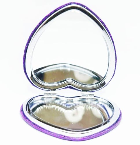 Cute Heart Shaped Compact Mirror for Purse,Purple Travel Mirror with Glitter,Leather Small Pocket Mirror,Portable 2 x 1x Magnification Folding Makeup Mirror,Cosmetic Mirror for Gift - color: Purple-heart Shape