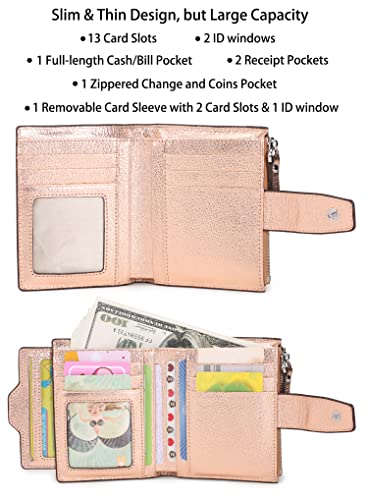 Women's RFID Blocking Leather Small Compact Bi-fold Zipper Pocket Wallet Card Case Purse with id Window - color: Lichee Champaign Gold
