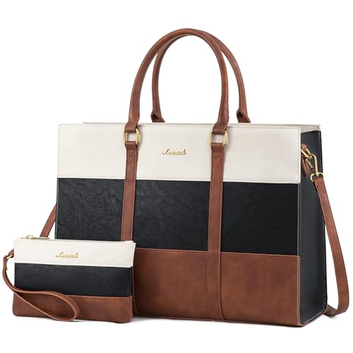 LOVEVOOK Laptop Bag for Women 17.3 Inch Laptop Tote Bag Vintage Leather Work Bags for Women Professional Computer bag | Two-piece set - color: Black - Brown - Beige, size: 17.3 inch