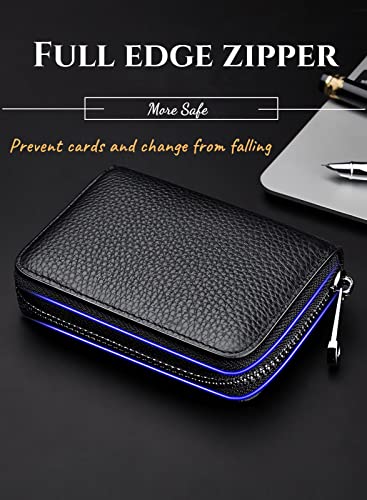 Credit Card Holder Genuine Leather Small Card Wallet (Black 11) | 11 Card Slots RFID Blocking Accordion Wallet with Zipper - color: Black 11
