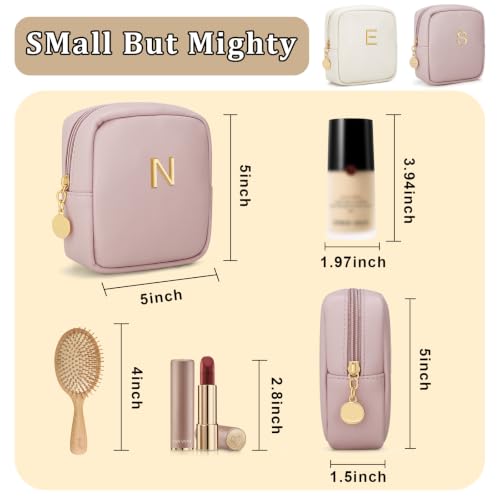 Initial Mini Makeup Bag Cosmetic Bag for Women | Personalized Gift, Toiletry Bags, 2 Mesh Pockets, Soft PU Leather, Water Proof Design, Smooth Zipper & Sturdy Build - size: 1pc Pink, style: N