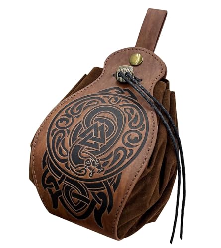 Embossed Nidhogg Valknut Leather Drawstring Belt Pouch Men Women | Portable Waist Pack,Retro Medieval Viking Knight Look,Multifunctional Bag,Ideal LARP Party Halloween Cosplay Wear,Gift,Brown - color: Nordic Nidhogg Valknut Belt Pouch- Brown