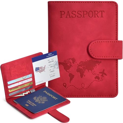 Passport Holder, Passport Cover with Credit Card Slot and Boarding Pass Slot Combo, Passport Wallet Case Book Travel Must Have, RFID Blocking Leather Travel Accessories, Red - color: Red