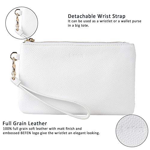 befen Genuine Leather Wristlet Clutch RFID Blocking Bag Cell Phone Purse | Cell Phone Wristlet Clutch for Women, Small Wallet Purses with RFID Blocking Card Slots - color: True White