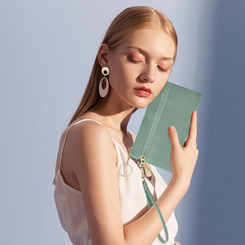 LJCZKA Leather Wristlet Wallet for Women Men Large Capacity Clutch Handbags Purses Long Cellphone Credit Card Holder Pocket Bag with Wrist Strap, Keychain (Green) - color: Green