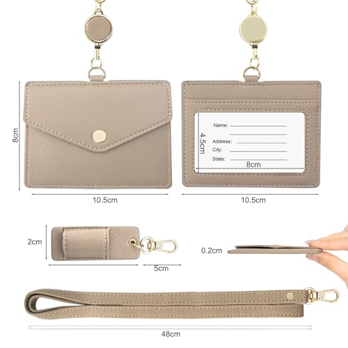 Office Badge Holder - Boshiho Genuine Leather Credit ID Card Holder with Stretch Neck Lanyard and Pen Clip, Gift Box (Horizontal-Light Brown) - color: Horizontal-light Brown