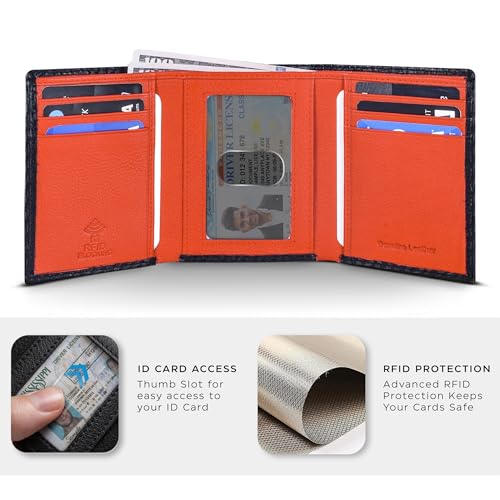 Trifold Leather Wallet for Men - RFID Slim Minimalist Front Pocket 6 Slots - color: Black Carbon/Orange