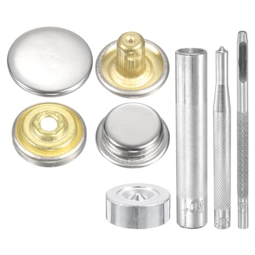 HARFINGTON 24Set Leather Snaps Fasteners Kit 17mm Dia Brass Press-Stud Cap Button 2.95" Length Metal Snap Buttons with 4 Install Tools for Coat Bag Leather Marine Boat Canvas, Silver - color: Silver, size: 17mm
