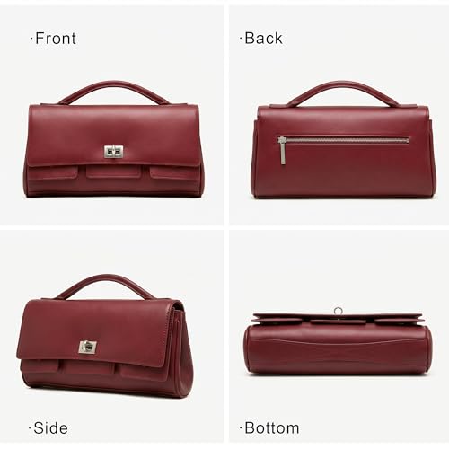 Genuine Leather Shoulder Bag for Women Top Handle Handbag Crossbody Purse | Silver-Tone Turn-Lock Closure, Adjustable Shoulder Strap, Smooth Zipper and Organized Interior with Convenient Card Slots - color: Red