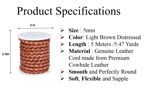 GENIQUE Real/Genuine Round Braided Leather Cord String Rope Folded, Leather Rope for Crafts, Jewelry Making, Necklace, Bracelets (5 Metres) (5mm, Light Brown Distressed) - color: Light Brown Distressed, size: 5mm
