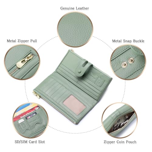 Large Capacity Wallets for Women Soft Leather RFID Blocking Long Wallet Ladies Bifold Clutch Purse Credit Card Holder with Double Zipper Pocket ID Window,Green - color: Green