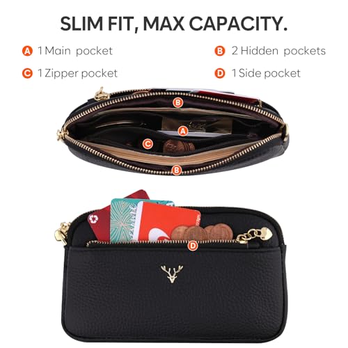 Genuine Leather Wristlet Wallets for Women Clutch Purse with Detachable Strap Slim Phone Wallet for Travel Wedding - color: Black