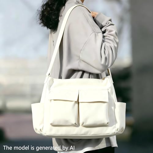 Canvas Messenger Bag for Women, Grunge Bag with Fairy Grunge Bracelet, Crossbody Bag with Bracelets Fairy Grunge Clothes - color: White