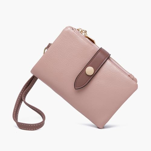 TPKUENL Wallets for Women Small Bifold Rfid Leather Zipper Coin Pocket Wrist Strap(Pink) - color: Pink