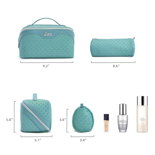 BOYATU Travel Makeup Bag Cosmetic Bags for Women: 3 Pcs Set Make up Bag | Large Capacity Waterproof Vegan Leather Organizer Bags with Compartments - Lay flat Toiletry with Handle (M-75Blue) - color: M-75Blue