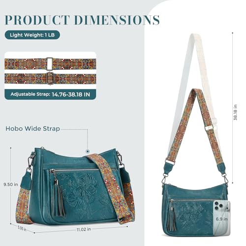 Crossbody Bags for Women, Medium Vegan Leather Purses | Large Capacity Multi-Pocket Embossed Shoulder Bag with Boho Strap for Daily Travel - color: Peacock Blue