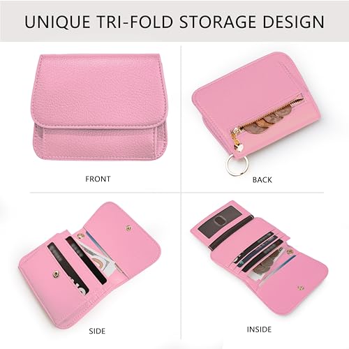 Keychain Wallet for Women,RFID Wristlet Wallet with Beaded Strap | Tri-Fold Design,6 Card Slots,ID Window,Zipper Coin Pocket,Lightweight Carry - color: Pink