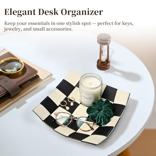 MSJGA Black and White Checkered Valet Tray PU Leather Key Holder Bowl for Women and Men Entryway Table Nightstand Desk Tray for Wallet, Keys Men's Gift - 9.8" L x 9.8" W x 2" H - color: Black and White Checkerboard