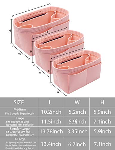 LEXSION Felt Purse Organizer Insert Zipper Pocket with Two Removeable Bottle Holder - color: Pink, size: X-Large