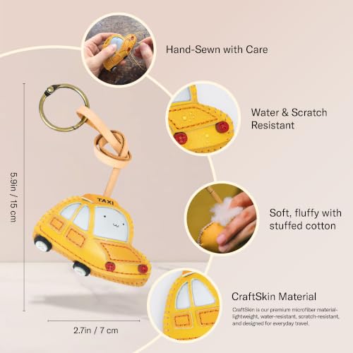 Travel Icon Leather Charm Keychain - Hand-Sewn Bag Charm for Car, Backpack Decoration, Gift for Women Men Kids - color: Taxi