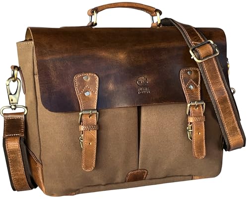 Leather Messenger Bag for Men, 14 Inch Canvas Laptop Bag, Vintage Satchel - color: Olive Green