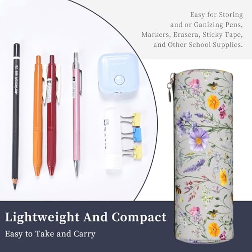 OSAM SPACE Leather Pencil Case Round Pencil Bag Flowers Plant Butterfly Bees Pen Organizer Holder Portable Zipper Pouch Cute School Supplies for Girls Boys Study Office - color: Flowers Plant Butterfly Bees