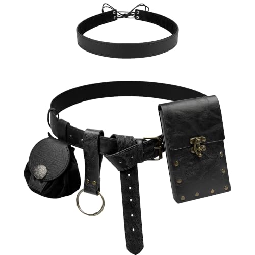 Renaissance Accessories, Medieval Leather Belt Pouch Viking Headpiece - color: Black