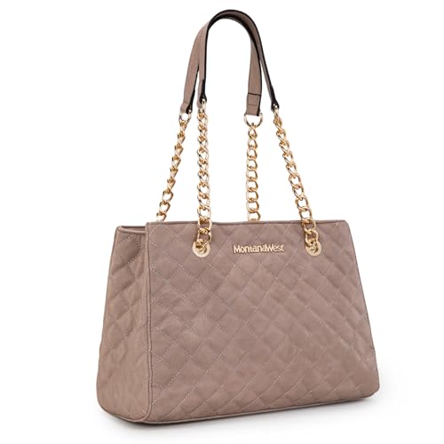 Montana West MEDIUM Tote Bag for Women Quilted Chain Handbags Shoulder Purse - color: 040tan