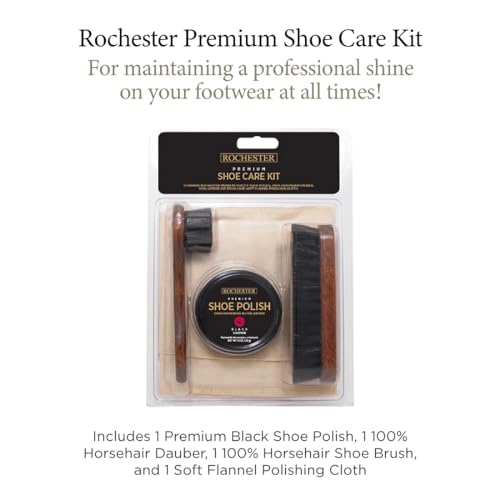 Rochester Premium Shoe Care Kit, Leather Shoe Care Kit with Black Shoe Polish, 100% Horsehair Dauber, 100% Horsehair Shoe Brush, and Soft Flannel Polishing Cloth, Shoe Accessories