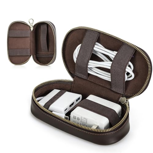 Hiram Handmade Full Grain Oil Bead Leather Tech Pouch – Digital Accessories Travel Case Portable Tech Organizer with Elastic Straps for USB Cables for Business Travel & EDC