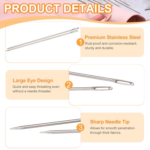 HARFINGTON 100 Pcs Sewing Needles 0.06 x 3 Inch Stainless Steel Big Eye Embroidery Thread Beading Leather Needle Upholstery Hand Sewing Awl for Art Craft Stitching Home Repair, Silver - size: 0.06 x 3 Inch