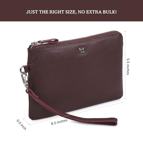 Leather Wristlet Wallet for Women Clutch Handbag Purse with Cell Phone Slot | Genuine Top Grain Leather, 8 Credit Card Slots, Detachable Strap, YKK Zipper, Gifts for Women - color: Burgundy Nappa