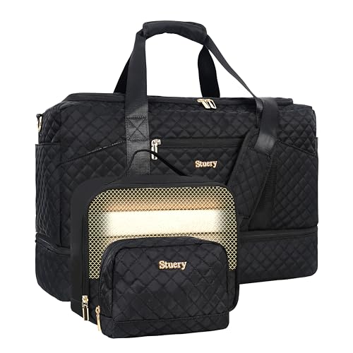 Stuery Weekender Bags for Women with Toiletry Bags: Large Overnight Bags Travel Duffel Bag Carry On Shoulder Weekend Tote with Shoe Compartment and Wet Pocket for Girls Airplane Traveling,Dark - color: B-3PCS All Dark