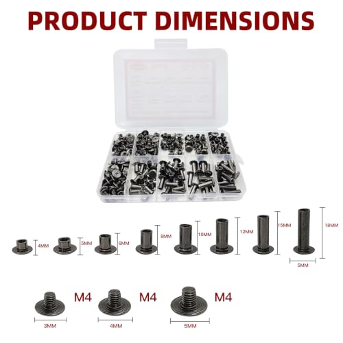 110 Sets Gun Black Chicago Screws Assorted Kit, 8 Sizes of Round Flat Head Leather Rivets Metal Screw, Used for Leather Crafts, Clothing, Shoes, Belts, Bags and Custom-Made Items - color: Gun Black M5-4,5,6,8,10,12,15,18