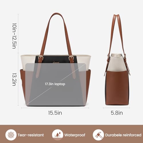 LOVEVOOK Laptop Tote Bag for Women,Leather Work Computer Briefcase Bag | Large Cup Holder,17.3 Inch Work Tote,Professional Briefcase,Teacher Commuter Shoulder Bag,Office,Travel,Gift - color: Black-white-brown, size: 17.3 Inch