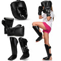 Arrowbash 5 Pcs Boxing Guards Set for Kids with Sparring Headgear, 6oz Boxing Gloves and Leg Shin Guards Wrestling Headgear for Youths Teens Boys Girls Kickboxing Karate Muay Thai BJJ Training - color: Black
